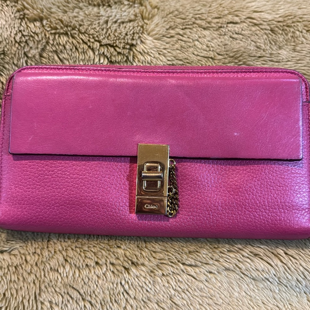 Authentic Chloe Long Salmon Leather Wallet Turn Lock Front Closure